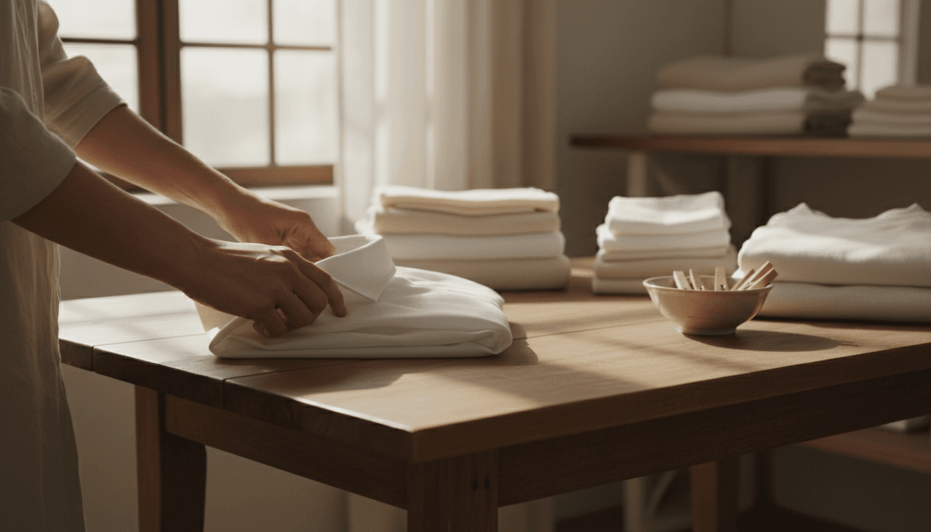 Tangan profesional melipat pakaian yang baru dicuci dengan rapi di atas meja kayu