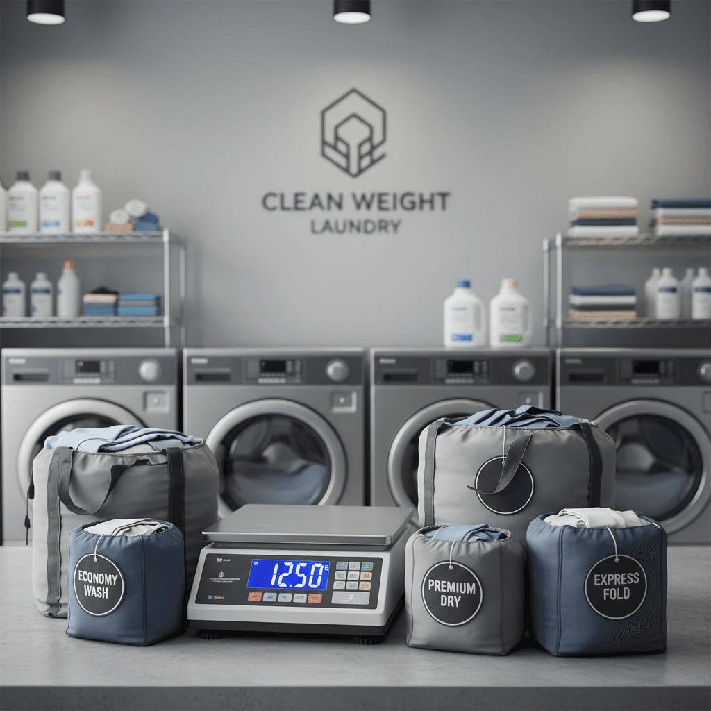 Digital scale with laundry bags, highlighting weight-based pricing